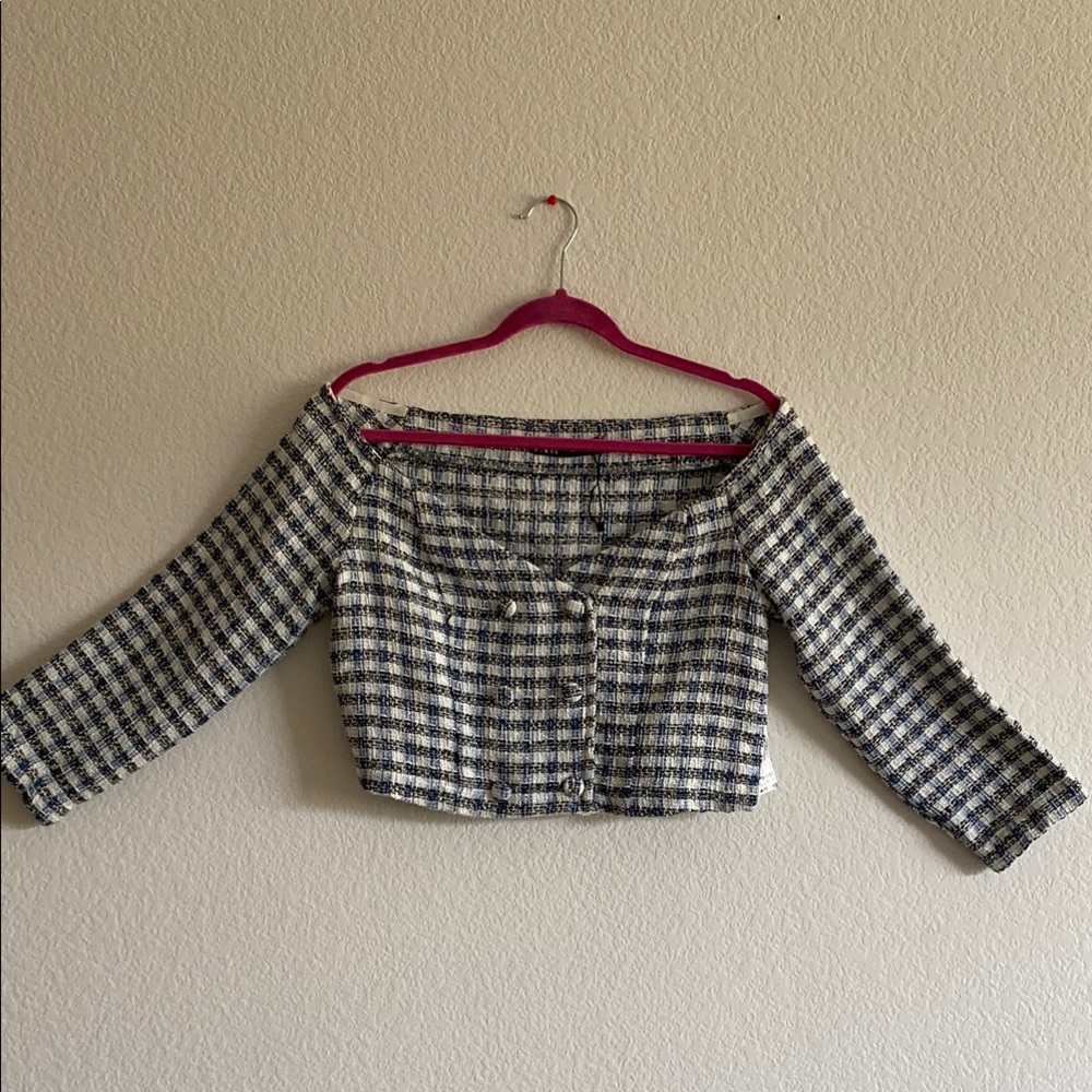 Zara Black and White Fitted Crop Blouse